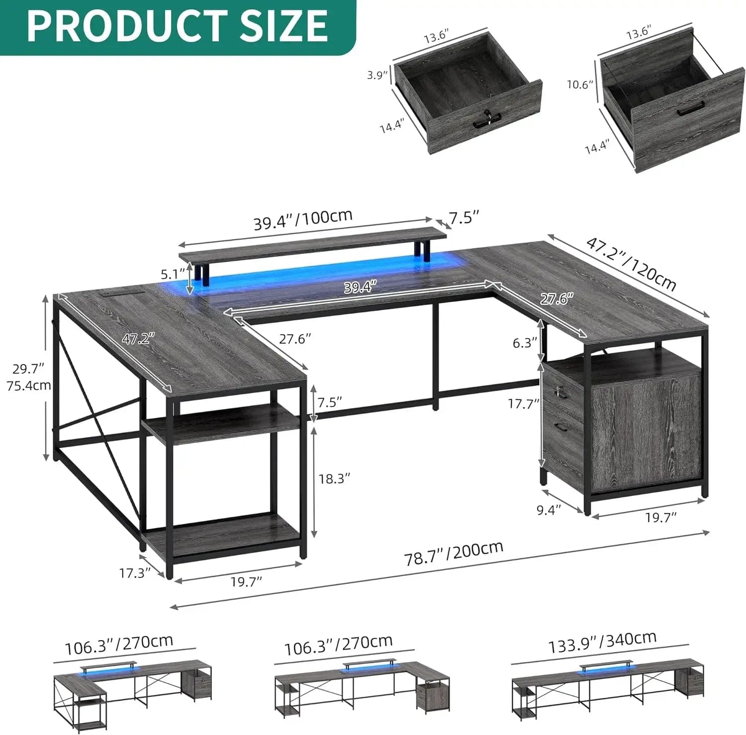 SHOWLU FASHION STORE U Shaped Desk with Power Outlets & LED Lights, 79" Reversible L Shaped Desk with Drawers, Corner Computer Office Desk