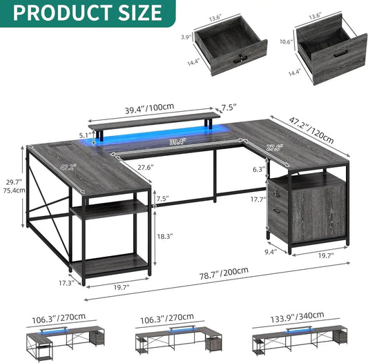 SHOWLU FASHION STORE U Shaped Desk with Power Outlets & LED Lights, 79" Reversible L Shaped Desk with Drawers, Corner Computer Office Desk