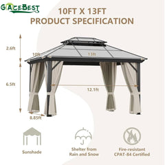 Showlu Fashion Store United States 10' X 13' Permanent Hardtop Gazebo, Outdoor Polycarbonate Double Roof Pavilion Pergola Canopy with Aluminum Frame