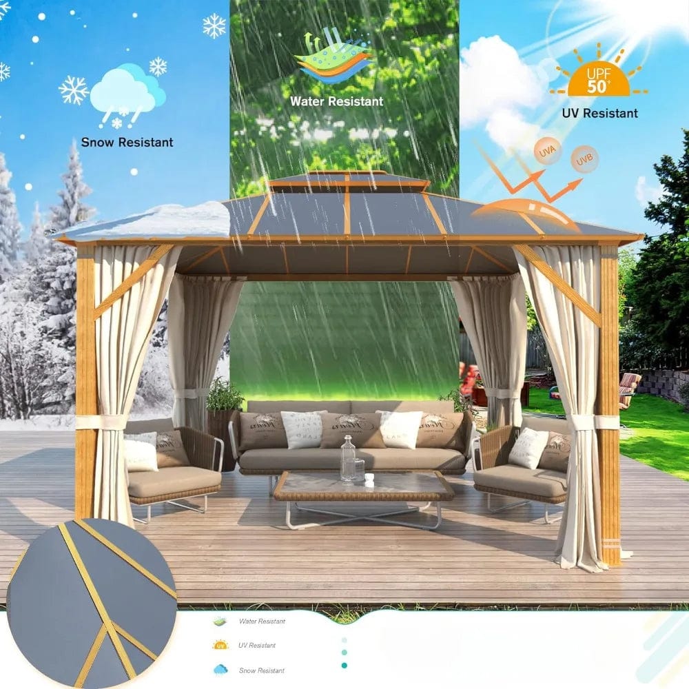 Showlu Fashion Store United States / 10 x12 10x12FT Hardtop Gazebo, Wooden Finish Coated Aluminum Patio Gazebo with Aluminum Composite Double Roof for Patio Lawn and Garden