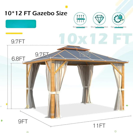 Showlu Fashion Store United States / 10 x12 10x12FT Hardtop Gazebo, Wooden Finish Coated Aluminum Patio Gazebo with Aluminum Composite Double Roof for Patio Lawn and Garden