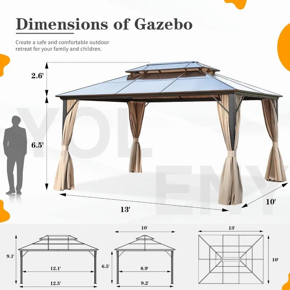 Showlu Fashion Store United States 10'x13' Hardtop Gazebo, Outdoor Polycarbonate Double Roof Canopy, Aluminum Frame Permanent Pavilion with Curtains