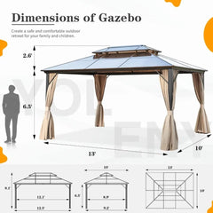 Showlu Fashion Store United States 10'x13' Hardtop Gazebo, Outdoor Polycarbonate Double Roof Canopy, Aluminum Frame Permanent Pavilion with Curtains