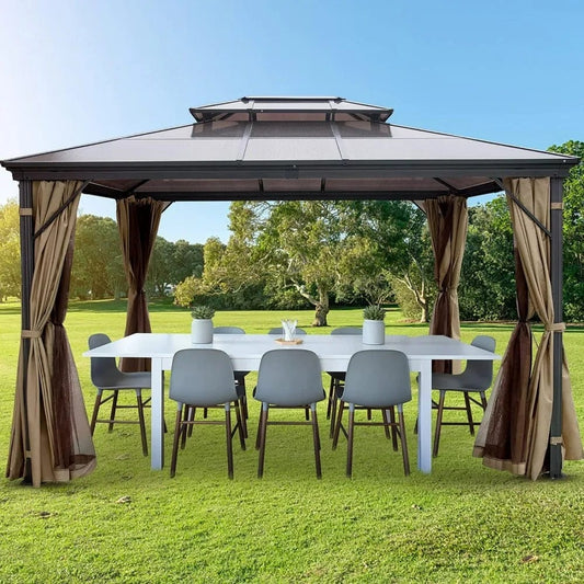  Showlu Fashion Store United States / 10FT 12FT Patio Gazebo, Patio Canopy w/Double PVC Plastic Roof, Aluminum Frame with Curtains and Netting,10’ x 12’ Outdoor Gazebo Canopy