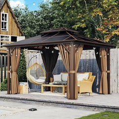  Showlu Fashion Store United States / 10x12 Outdoor Hardtop Gazebo, Aluminum Frame Permanent Pavilion with Curtains and Netting, Double Roof Canopy,for Gardens,Patios,Lawns