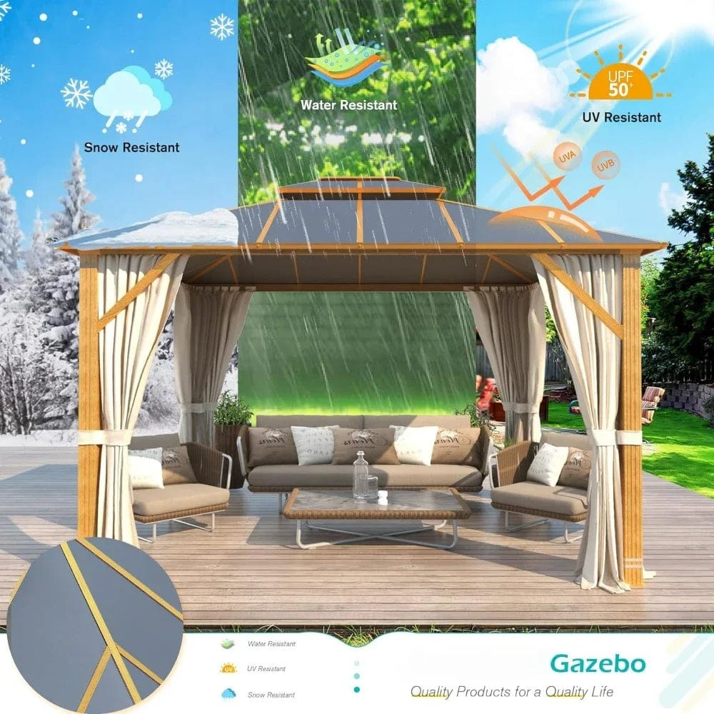 Showlu Fashion Store United States / 10x12FT 10x12FT Hardtop Gazebo, Gazebo with Aluminum Composite Double Roof for Patio Lawn and Garden, Curtains and Netting Included