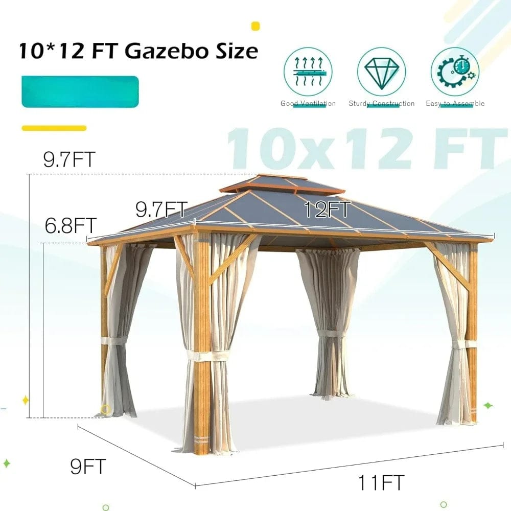 Showlu Fashion Store United States / 10x12FT 10x12FT Hardtop Gazebo, Gazebo with Aluminum Composite Double Roof for Patio Lawn and Garden, Curtains and Netting Included