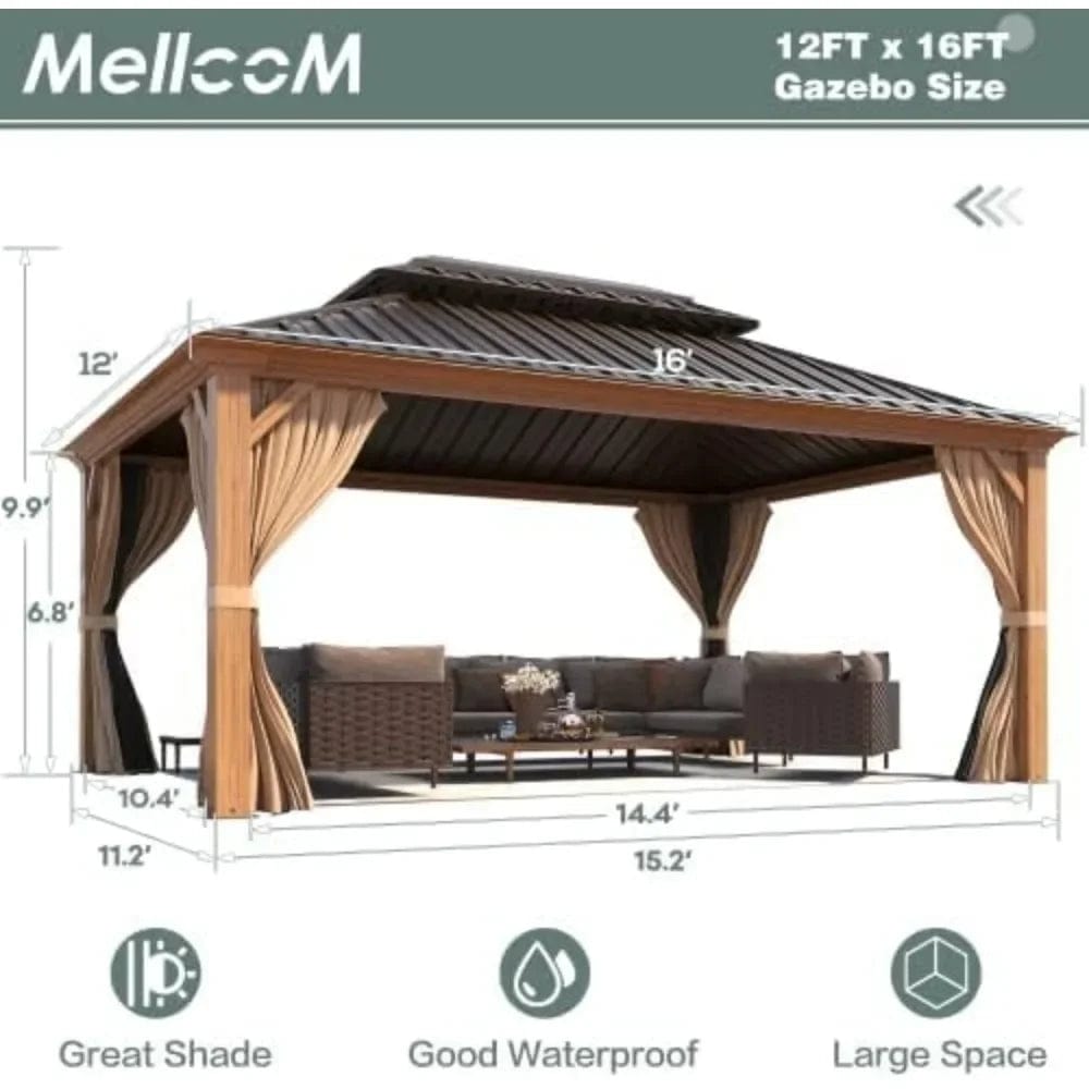 Showlu Fashion Store United States / 12 x16 12' X 16' Hardtop Gazebo, Wooden Finish Coated Aluminum Frame Gazebo with Galvanized Steel Double Roof, Brown Metal