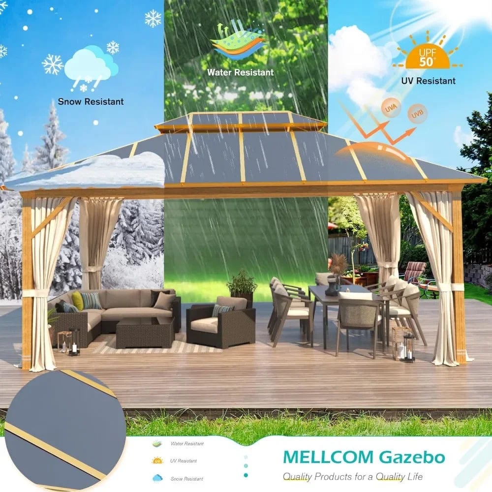 Showlu Fashion Store United States / 12 x16 12x16FT Hardtop Gazebo,Wooden Finish Coated Aluminum Patio Gazebo with Aluminum Composite Double Roof for Patio Lawn and Garden