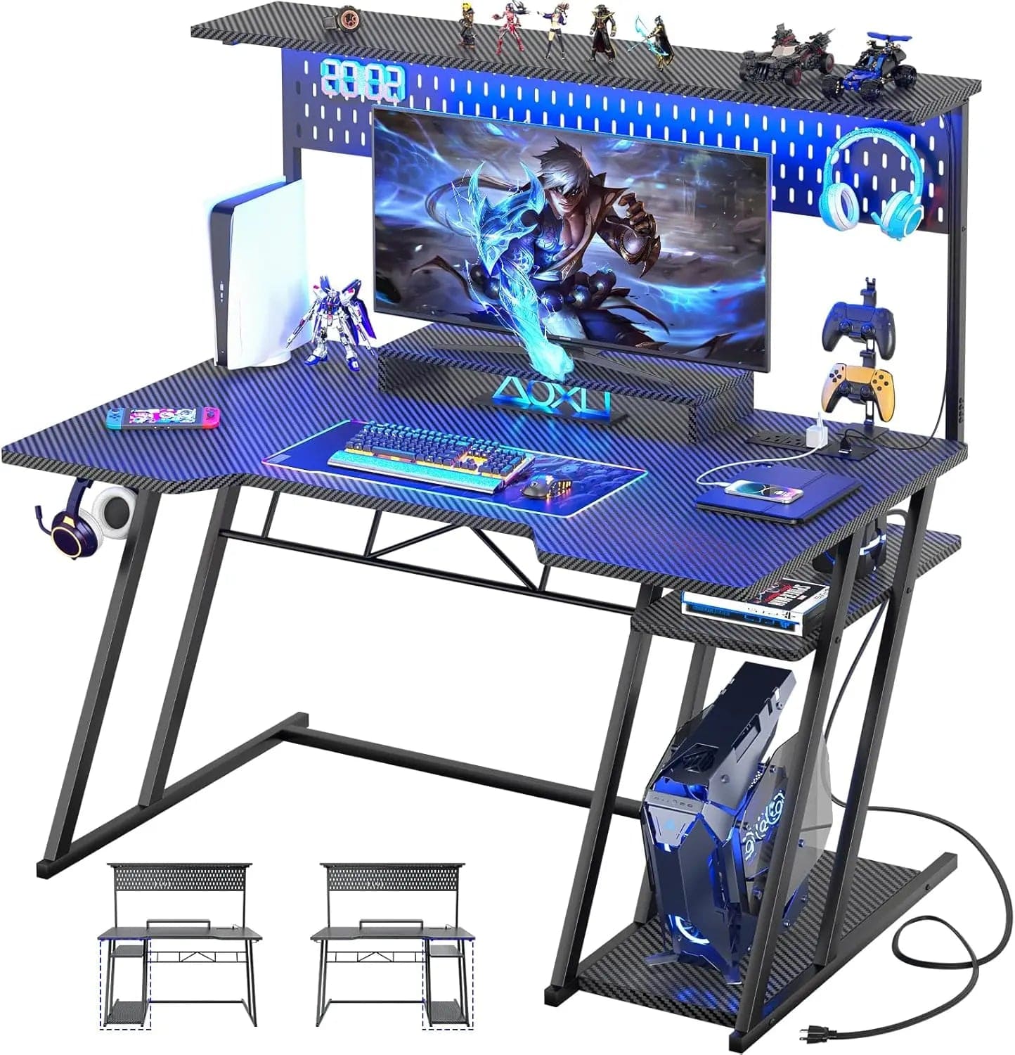 SHOWLU FASHION STORE United States / 47inch Black Computer Desk ,with Shelves and Outlets, Gaming Desk with Hutch and LED Lights, Reversible PC Gaming Desk,  Black