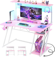 SHOWLU FASHION STORE United States / 47inch Pink Computer Desk ,with Shelves and Outlets, Gaming Desk with Hutch and LED Lights, Reversible PC Gaming Desk,  Black