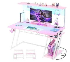 SHOWLU FASHION STORE United States / 55 inch Pink Computer Desk ,with Shelves and Outlets, Gaming Desk with Hutch and LED Lights, Reversible PC Gaming Desk,  Black