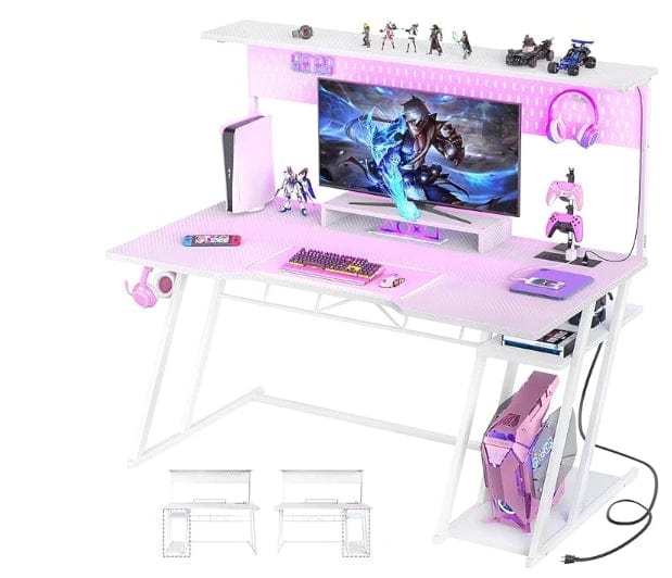 SHOWLU FASHION STORE United States / 55 inch White Computer Desk ,with Shelves and Outlets, Gaming Desk with Hutch and LED Lights, Reversible PC Gaming Desk,  Black