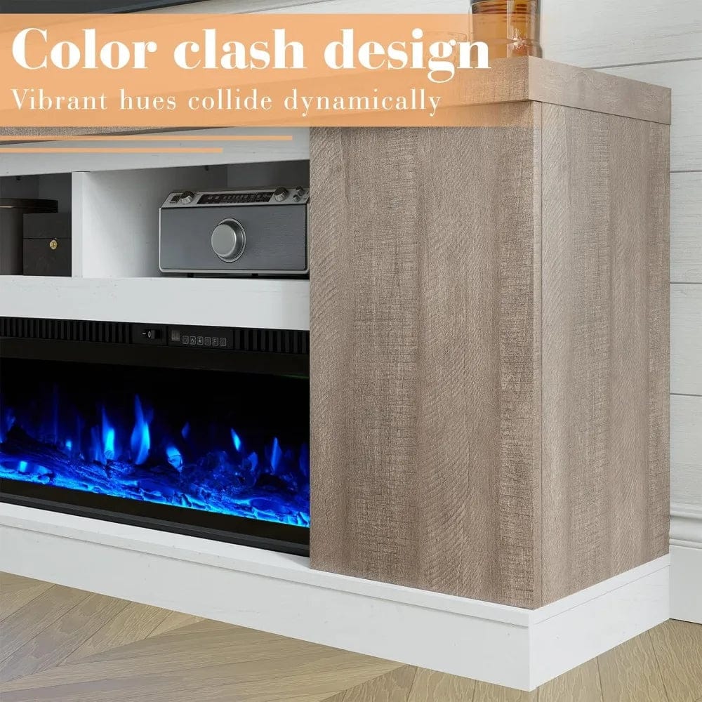 SHOWLU FASHION STORE United States 75” Fireplace TV Stand with 60” Electric Fireplace, Chunky Entertainment Center with Wood Grain, Color Clash Entertainment Stand