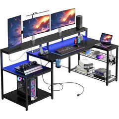 SHOWLU FASHION STORE United States / Black 71.5 inch Gaming Desk with Power Outlet, 71.5 inch LED Computer Desk with Monitor Stand, L Shaped Large Desk with Metal Shelf, Cup Holder