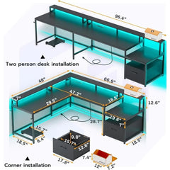 SHOWLU FASHION STORE United States / Black Computer Desk, L Shaped Gaming Desks, with File Drawer & Power Outlet, with Led Lights, Monitor Shelf, Computer Desk