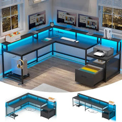 SHOWLU FASHION STORE United States / Black Computer Desk, L Shaped Gaming Desks, with File Drawer & Power Outlet, with Led Lights, Monitor Shelf, Computer Desk