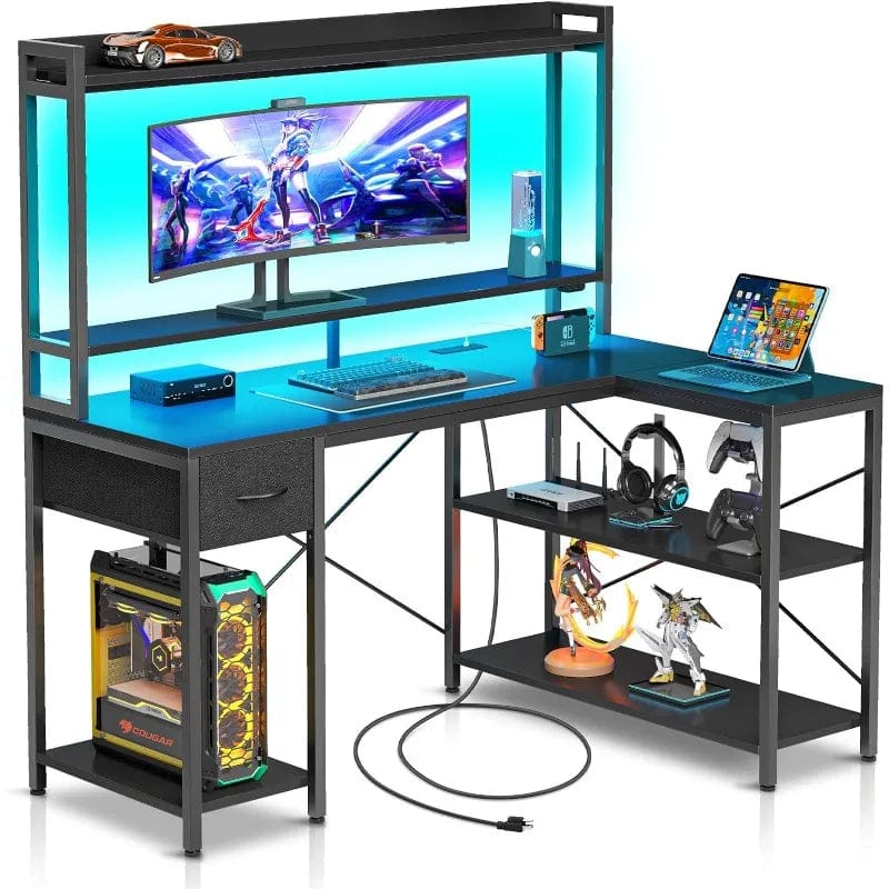 SHOWLU FASHION STORE United States / Black Gaming Desk with LED Light & Power Outlets, 47 inch Computer Desk with Shelves, Reversible L Shaped Desk with