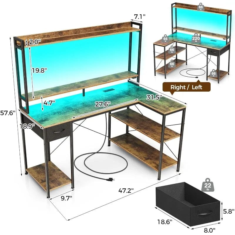 SHOWLU FASHION STORE United States / Black Gaming Desk with LED Light & Power Outlets, 47 inch Computer Desk with Shelves, Reversible L Shaped Desk with