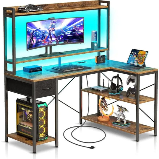 SHOWLU FASHION STORE United States / Black Gaming Desk with LED Light & Power Outlets, 47 inch Computer Desk with Shelves, Reversible L Shaped Desk with