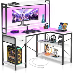 SHOWLU FASHION STORE United States / Black Gaming Desk with LED Light & Power Outlets, 47 inch Computer Desk with Shelves, Reversible L Shaped Desk with