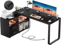 SHOWLU FASHION STORE United States / Black L Shaped Desk with File Cabinet & Power Outlet, Reversible 55 Inch Large Corner Computer Desks with LED Strip