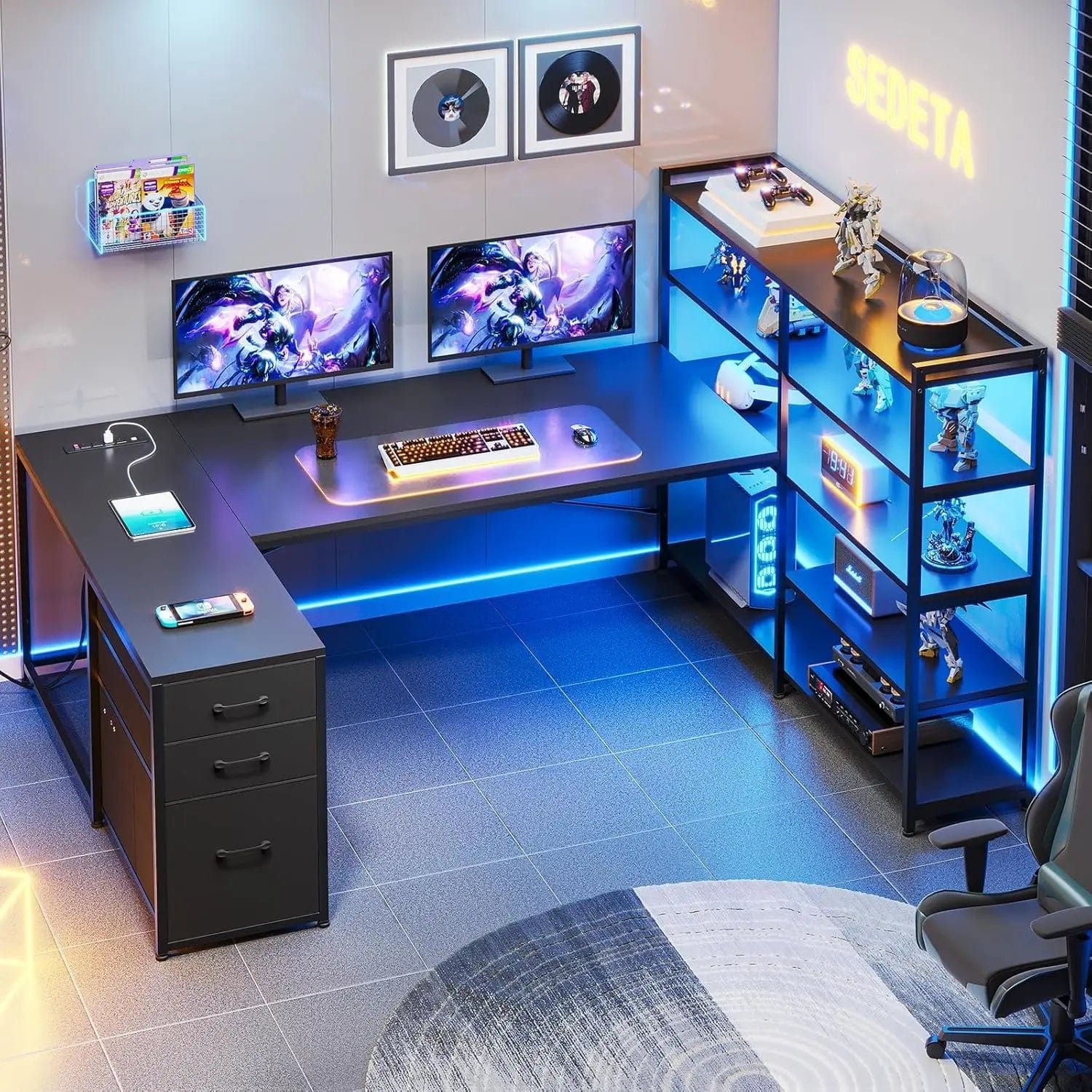 SHOWLU FASHION STORE United States / black Shaped Gaming Desk, Reversible U Shaped Computer Desk with Power Outlet and Storage Shelves