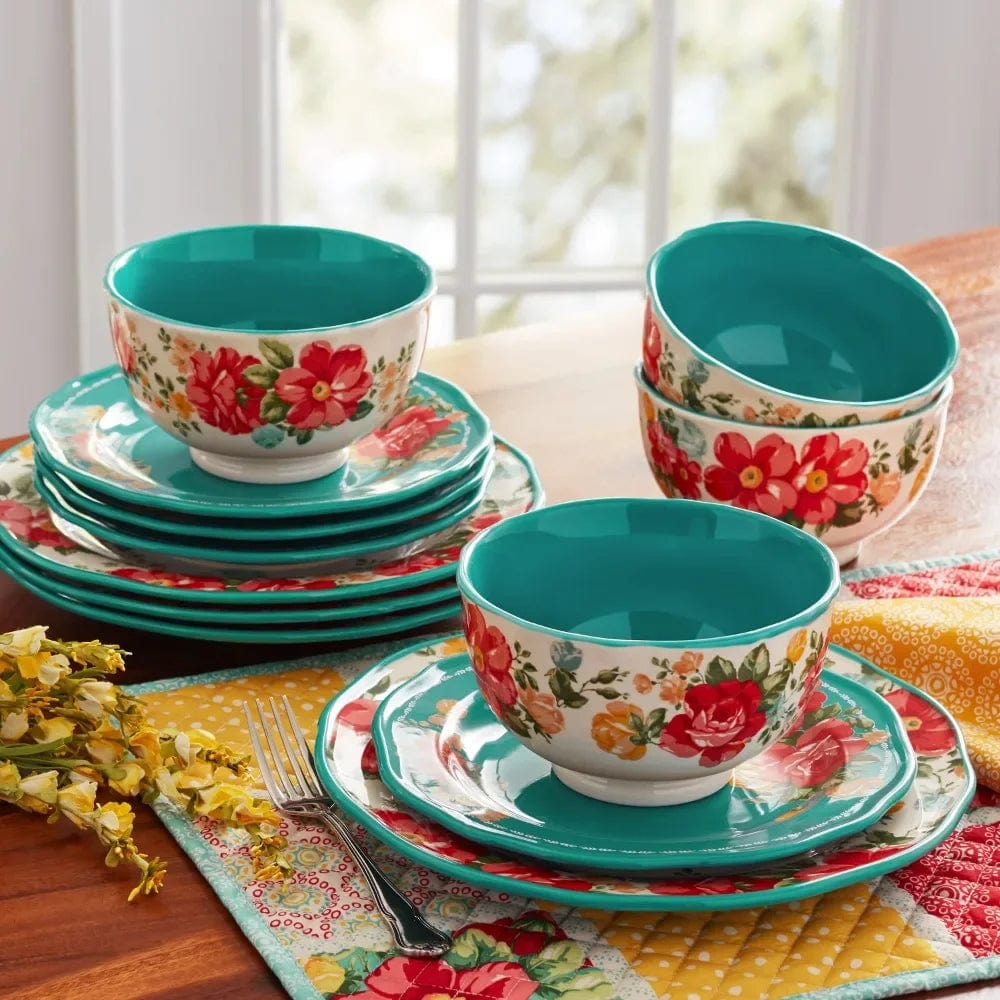  Showlu Fashion Store United States / Blue Vintage Floral 12-Piece Dinnerware Set, Teal Serving Ware Kitchen Dish Dinner Plates