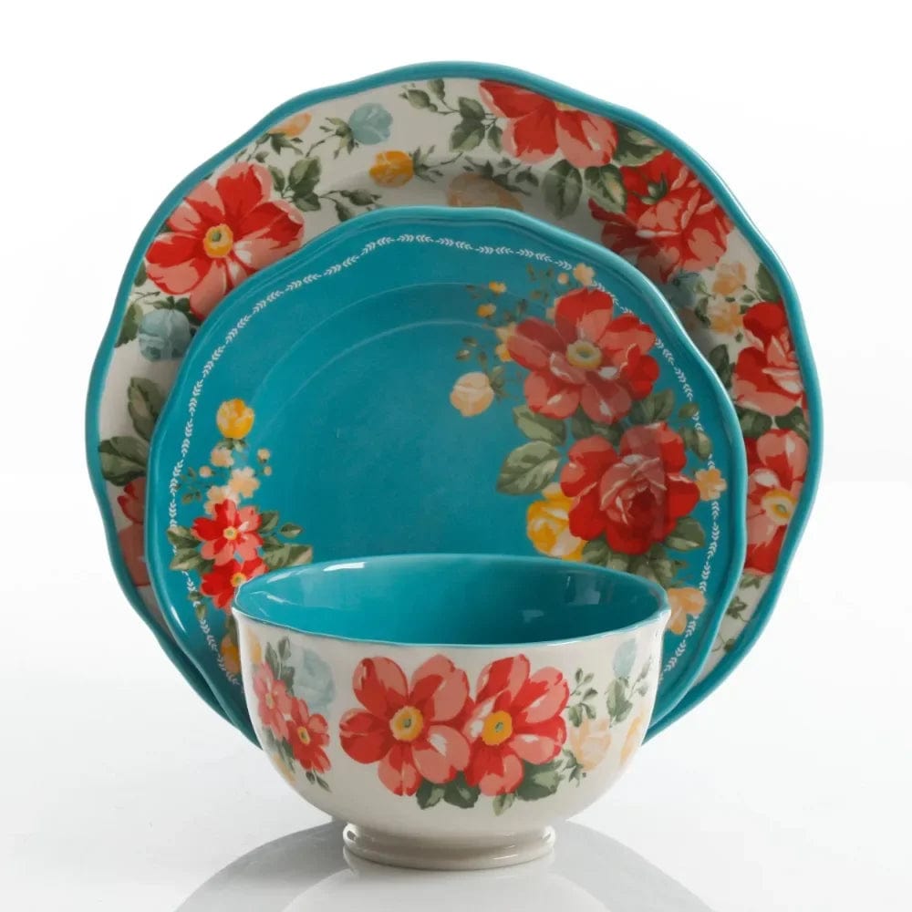  Showlu Fashion Store United States / Blue Vintage Floral 12-Piece Dinnerware Set, Teal Serving Ware Kitchen Dish Dinner Plates