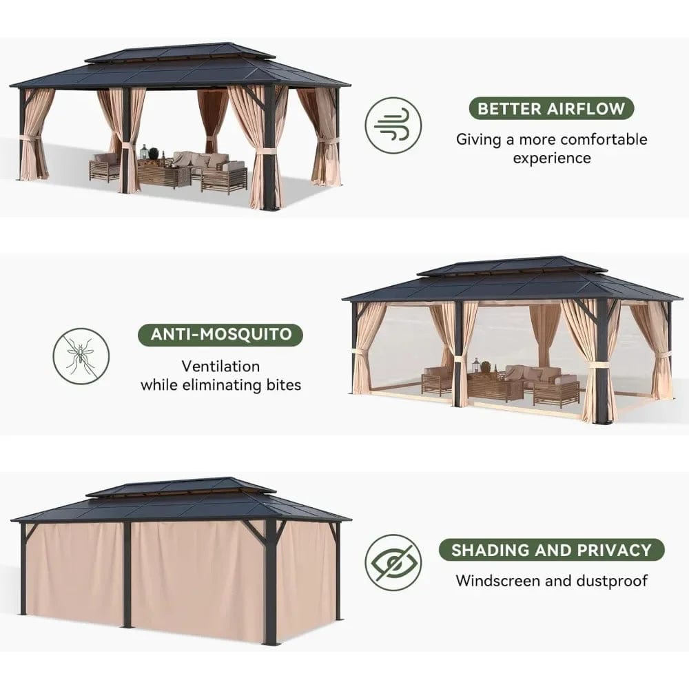 Showlu Fashion Store United States / Brown / 10x13 12'x20' Hardtop Gazebo, Aluminum Frame Permanent Pavilion with Curtains and Netting, Outdoor Polycarbonate Double Roof Canopy