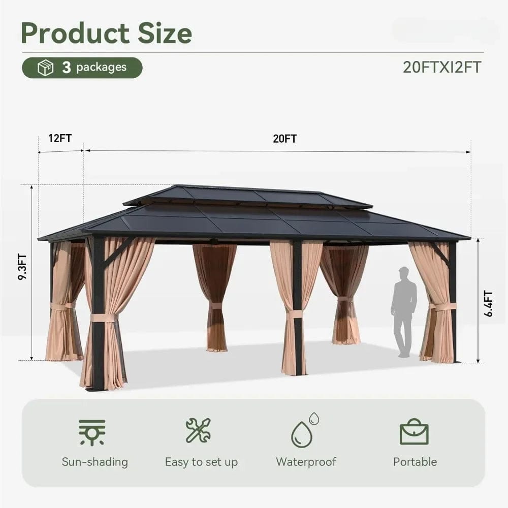 Showlu Fashion Store United States / Brown / 10x13 12'x20' Hardtop Gazebo, Aluminum Frame Permanent Pavilion with Curtains and Netting, Outdoor Polycarbonate Double Roof Canopy