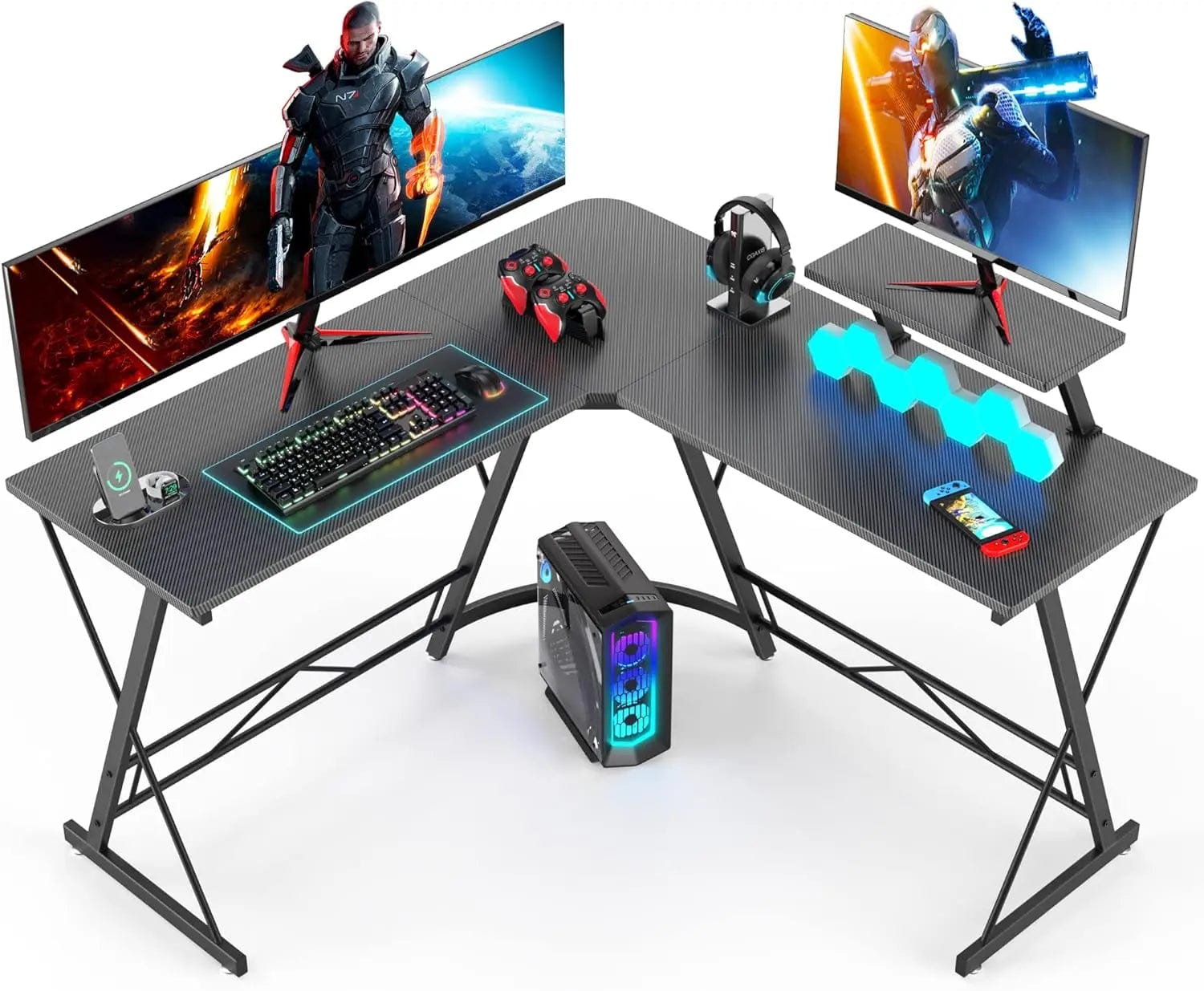 SHOWLU FASHION STORE United States / Carbon Fiber Black L Shaped Gaming Desk Corner Computer Desk, Home Office Desks Writing Workstation with Large Monitor Stand, Easy to Assemble