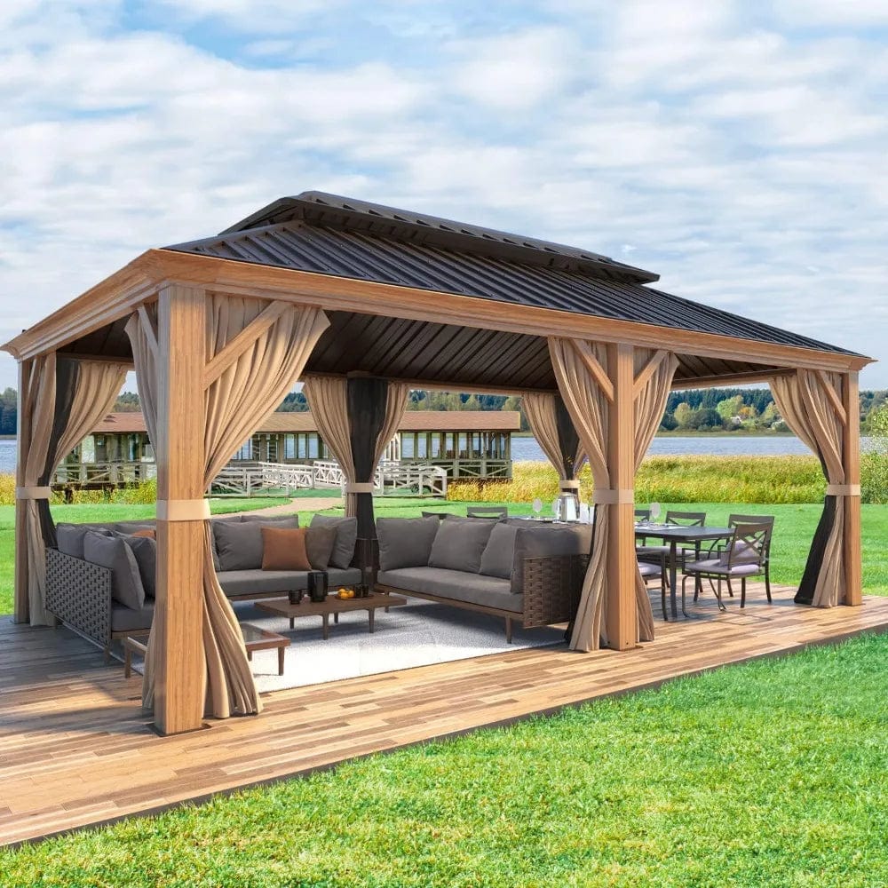 Showlu Fashion Store United States / Dark Bronze / 12 x 14 12'x20' Hardtop Gazebo, Wooden Finish Coated Aluminum Frame Gazebo with Galvanized Steel Roof, with Curtains and Nettings