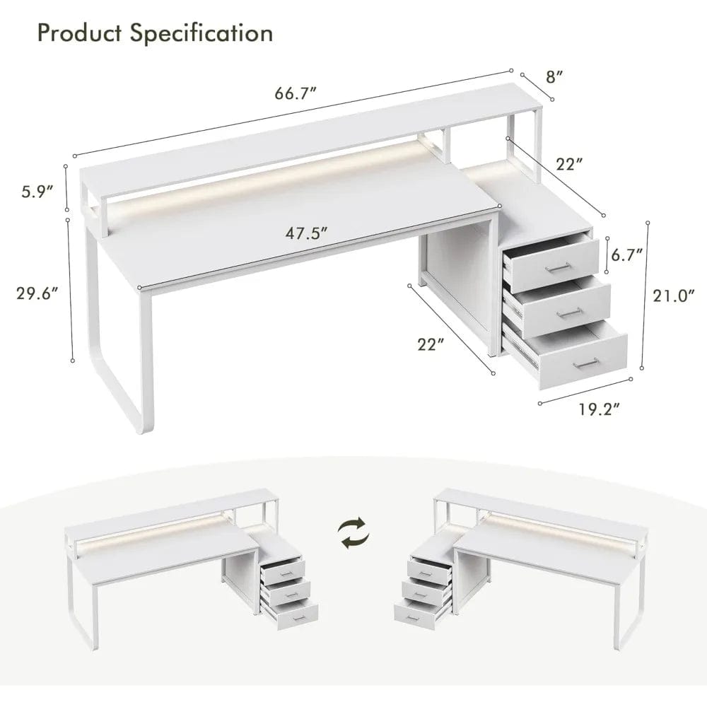 SHOWLU FASHION STORE United States Desk 67 Inch Long Desk with Heavy Duty Leg & LED Light, Home Office Desk with Printer Rack and Monitor Shelf for Bedroom