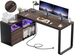 SHOWLU FASHION STORE United States / Espresso L Shaped Desk with File Cabinet & Power Outlet, Reversible 55 Inch Large Corner Computer Desks with LED Strip