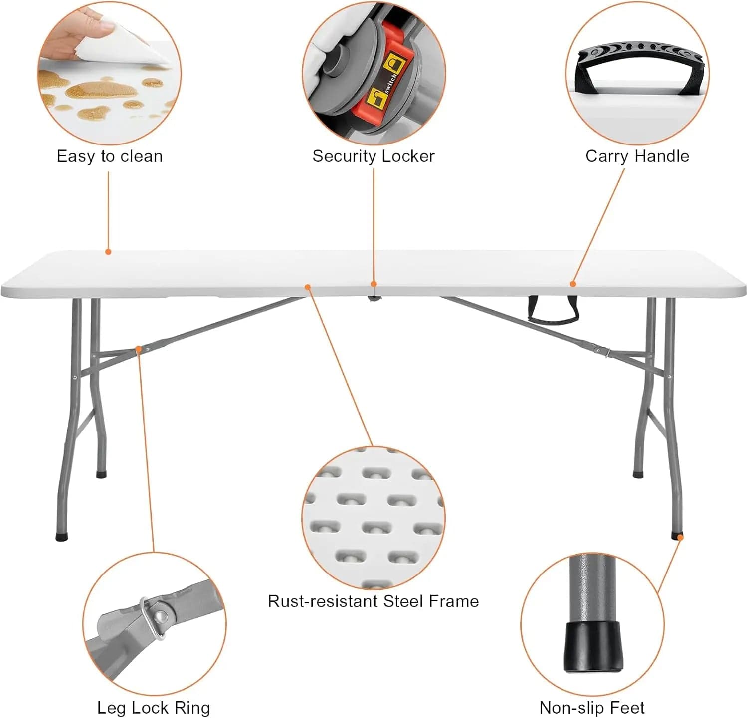 SHOWLU FASHION STORE United States Folding Picnic Table 8 Foot, 8FT Long Plastic Picnic Table Portable with Carry Handle, White Tailgating Utility Commercial Craft