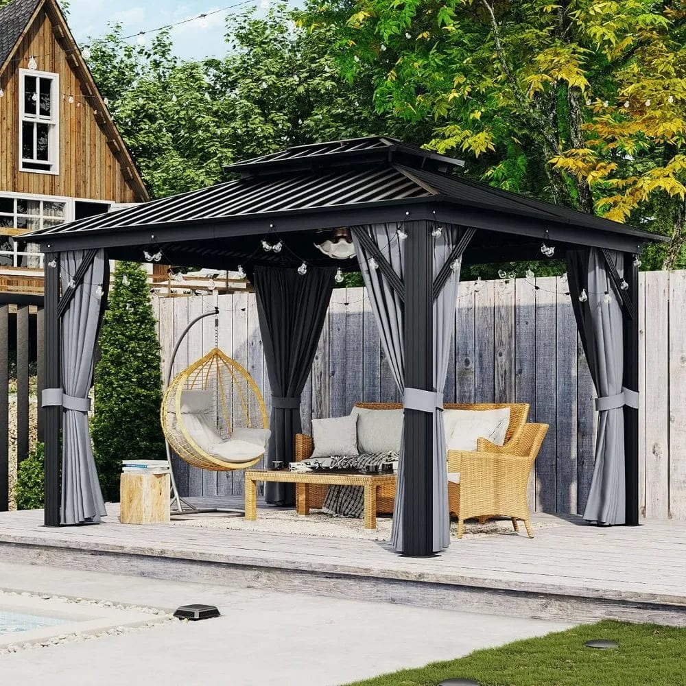 Showlu Fashion Store United States / Grey / 12 x 16Ft 10'x12' Hardtop Gazebo, Aluminum Frame Canopy with Double Galvanized Steel Roof, Outdoor Metal Pavilion with Netting, Curtains