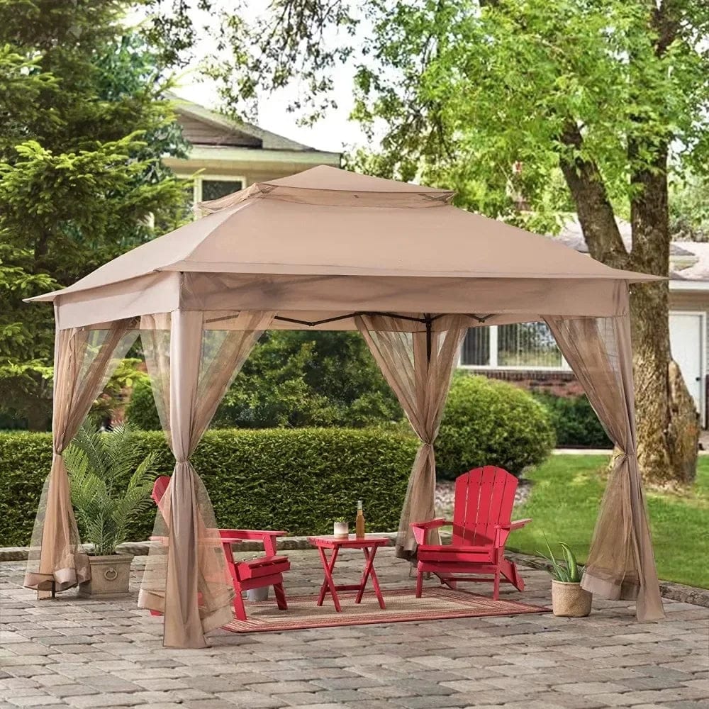 Showlu Fashion Store United States / Khaki / 11x11 11x11 ft. Pop-Up Instant Gazebo, Outdoor Portable Steel Frame 2-Tier Top Canopy/Tent with Netting and Carry Bag, Patio Gazebos