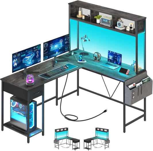 SHOWLU FASHION STORE United States L Shaped Desk Gaming Desk with LED Strip & Power Outlet, Reversible L-Shaped Computer Desk with Storage Shelf & Drawer,