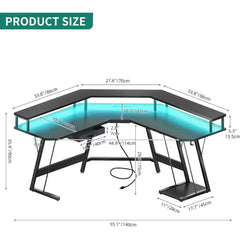 SHOWLU FASHION STORE United States L Shaped Gaming Desk, LED Lights & Power Outlets, Computer Desk with Drawer & Monitor Stand & Carbon Fiber Surface, Corner Desk