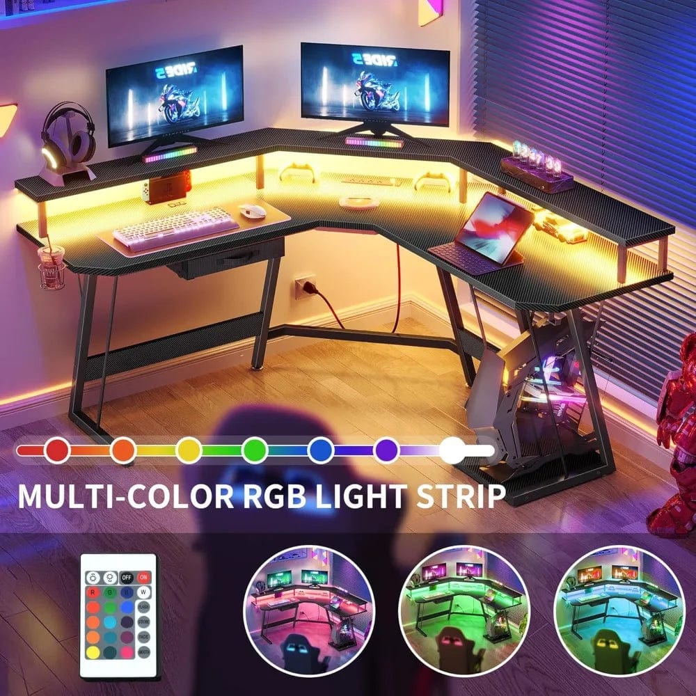 SHOWLU FASHION STORE United States L Shaped Gaming Desk, LED Lights & Power Outlets, Computer Desk with Drawer & Monitor Stand & Carbon Fiber Surface, Corner Desk