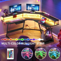 SHOWLU FASHION STORE United States L Shaped Gaming Desk, LED Lights & Power Outlets, Computer Desk with Drawer & Monitor Stand & Carbon Fiber Surface, Corner Desk