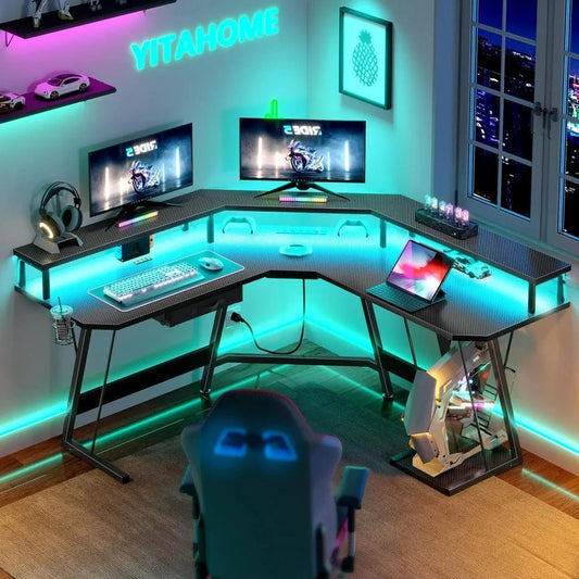 SHOWLU FASHION STORE United States L Shaped Gaming Desk, LED Lights & Power Outlets, Computer Desk with Drawer & Monitor Stand & Carbon Fiber Surface, Corner Desk