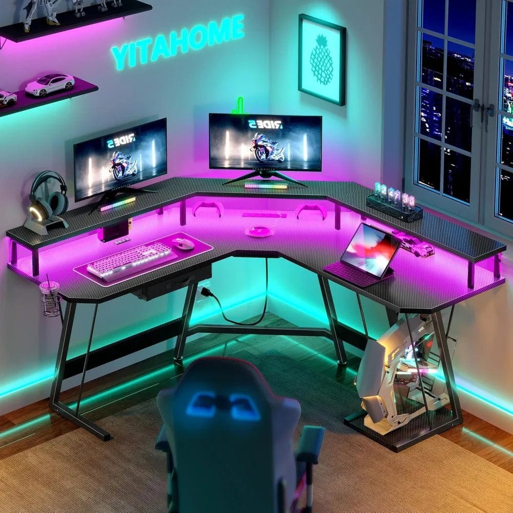 SHOWLU FASHION STORE United States L Shaped Gaming Desk, LED Lights & Power Outlets, Computer Desk with Drawer & Monitor Stand & Carbon Fiber Surface, Corner Desk