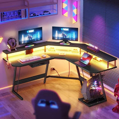 SHOWLU FASHION STORE United States L Shaped Gaming Desk, LED Lights & Power Outlets, Computer Desk with Drawer & Monitor Stand & Carbon Fiber Surface, Corner Desk