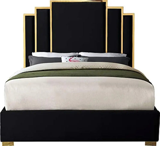 SHOWLU FASHION STORE United States Modern Contemporary Velvet Upholstered Bed with Polished Gold Metal Frame and Legs 81.5" W x 86.5" D x 63" H Black King