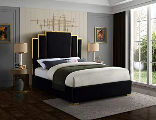 SHOWLU FASHION STORE United States Modern Contemporary Velvet Upholstered Bed with Polished Gold Metal Frame and Legs 81.5" W x 86.5" D x 63" H Black King