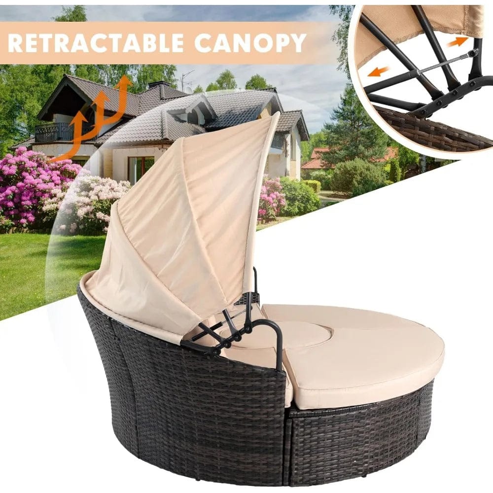 SHOWLU FASHION STORE United States Outdoor Patio Canopy Bed Round Daybed with Washable Cushions, Clamshell Sectional Seating Wicker Furniture