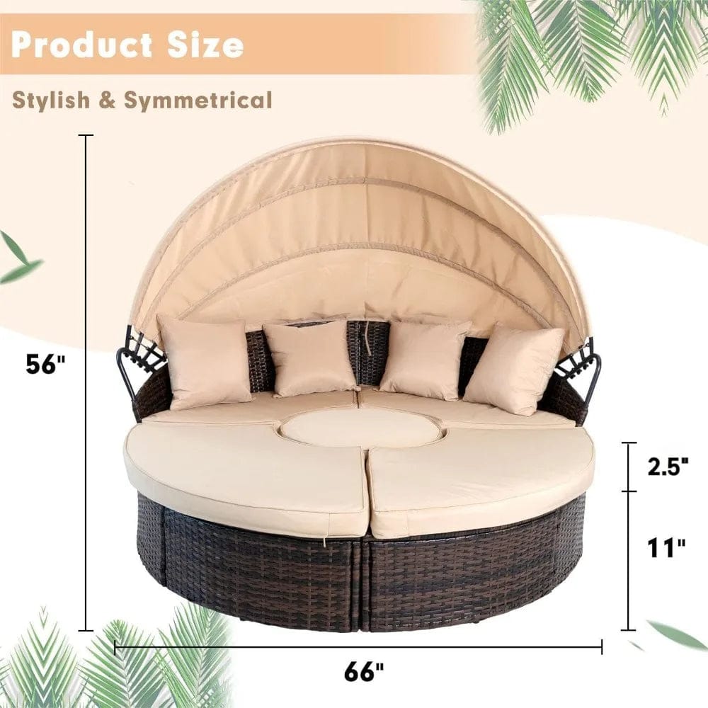 SHOWLU FASHION STORE United States Outdoor Patio Canopy Bed Round Daybed with Washable Cushions, Clamshell Sectional Seating Wicker Furniture