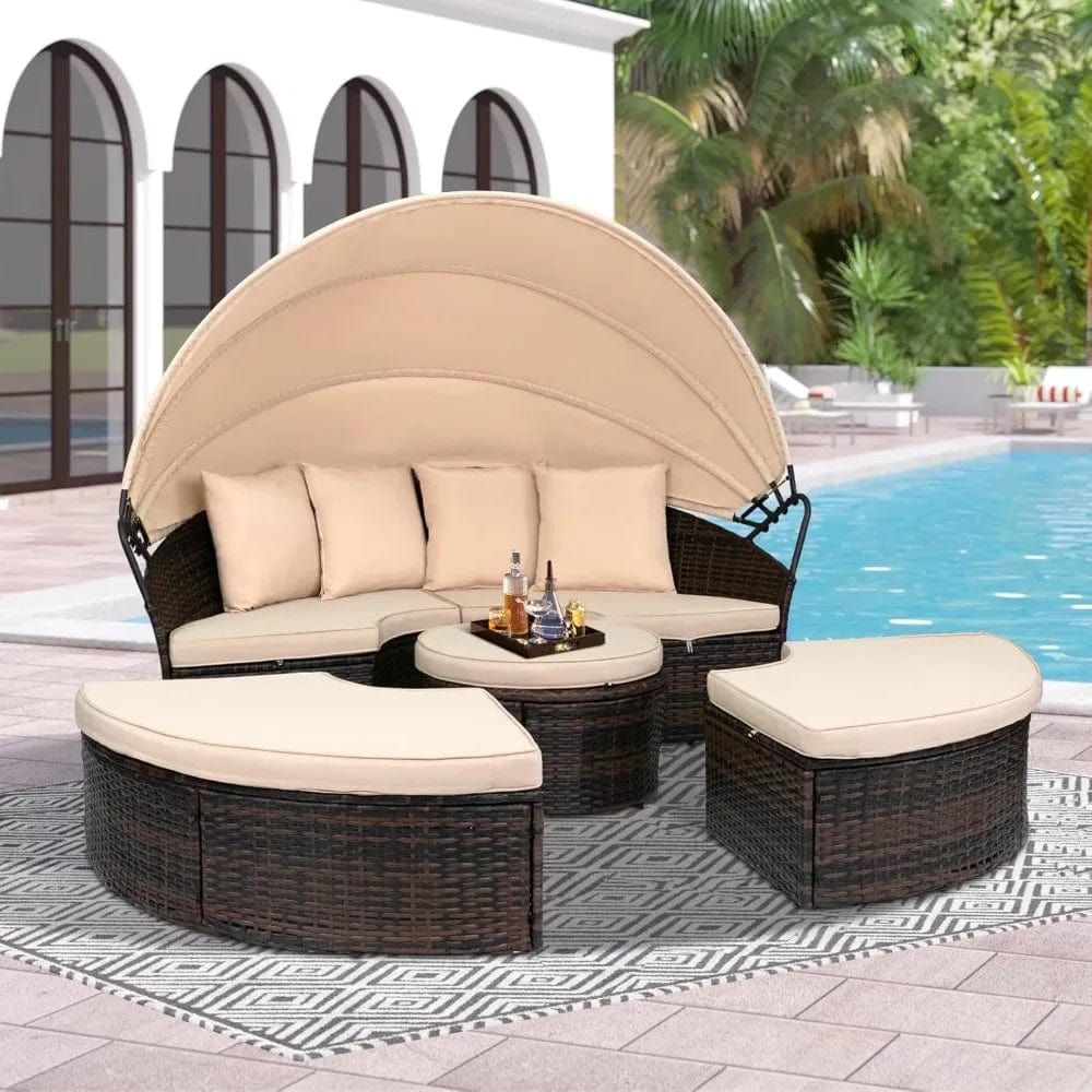 SHOWLU FASHION STORE United States Outdoor Patio Canopy Bed Round Daybed with Washable Cushions, Clamshell Sectional Seating Wicker Furniture